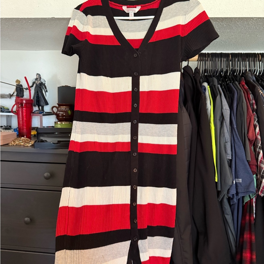 No Boundaries Red, Black, and White Striped Midi Dress